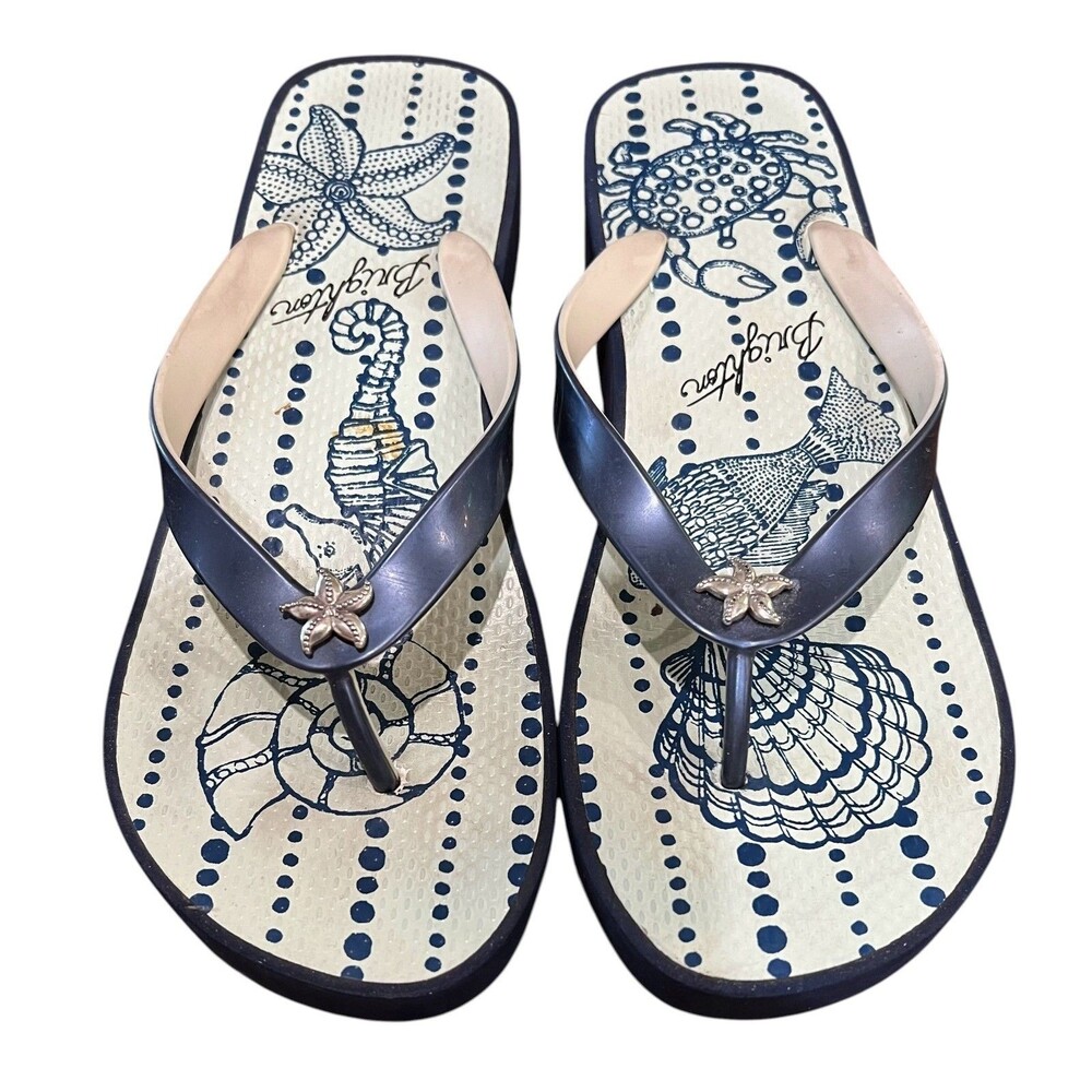 Brighton Blue & White Seashells Beach Theme Thong Flip Flop Sandals  Size 10
